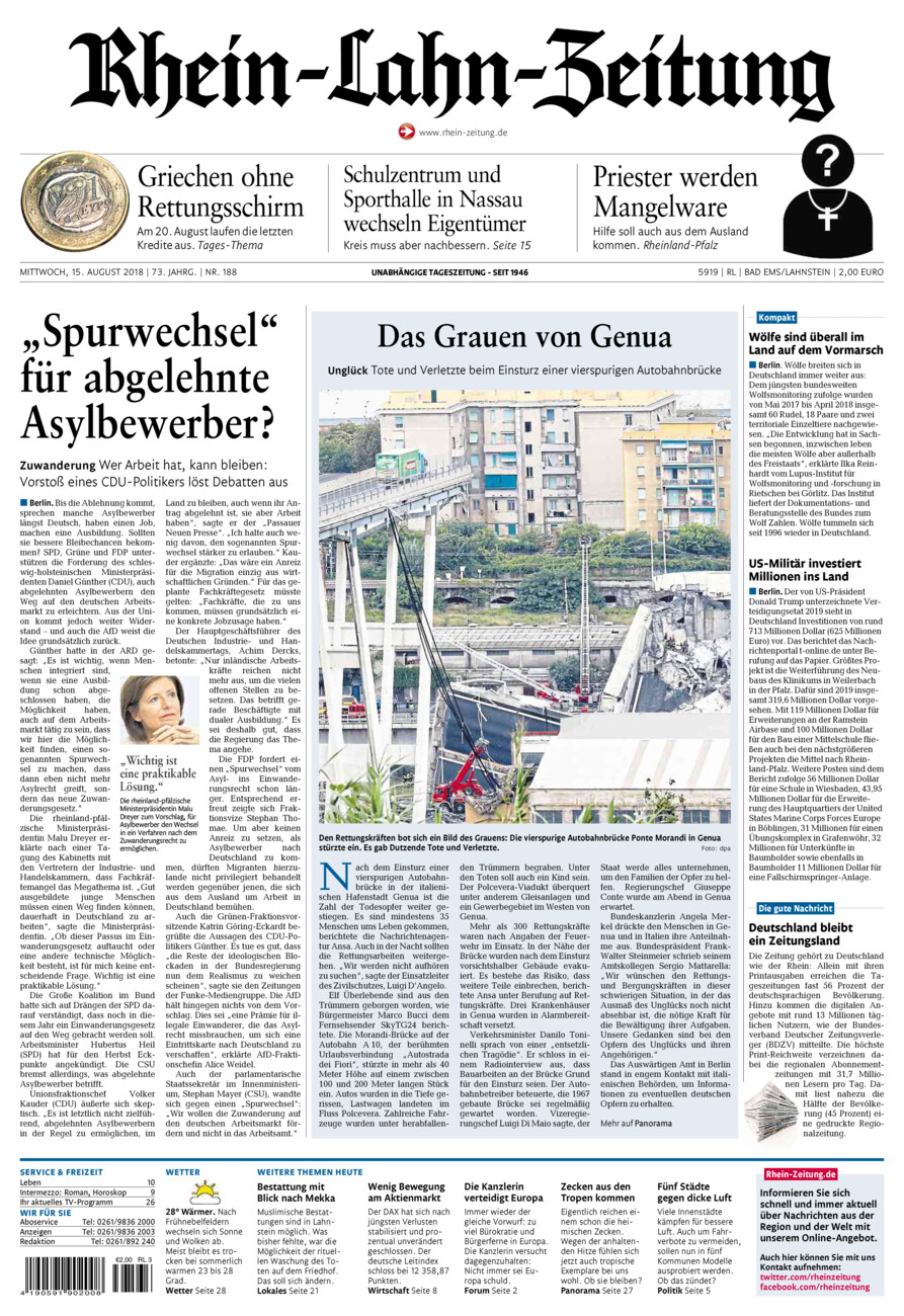 Rhein-Lahn-Zeitung vom Mittwoch, 15.08.2018