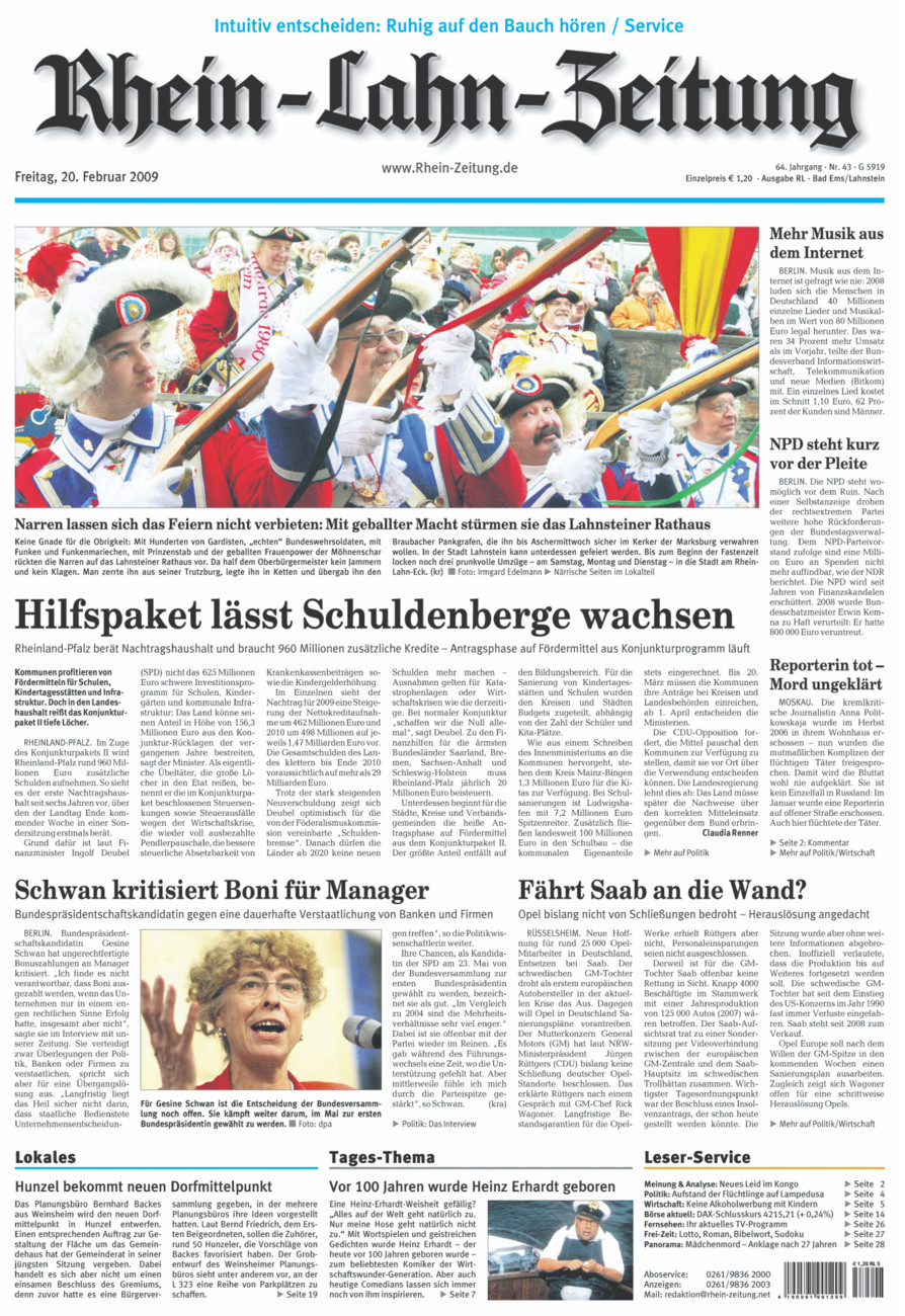 Rhein-Lahn-Zeitung vom Freitag, 20.02.2009