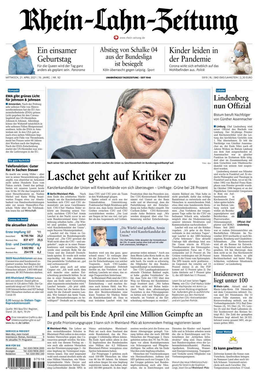 Rhein-Lahn-Zeitung vom Mittwoch, 21.04.2021