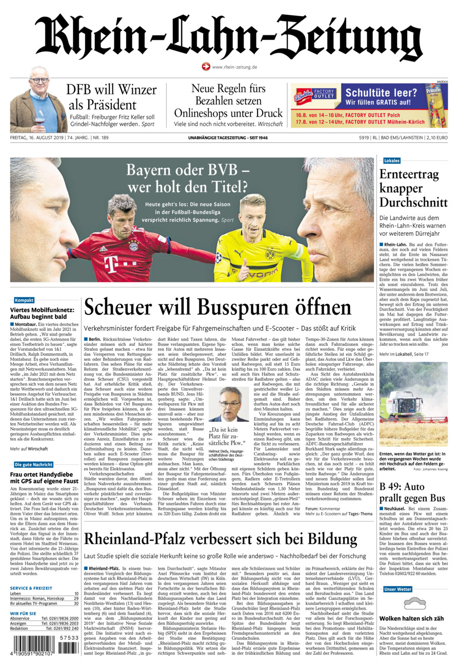 Rhein-Lahn-Zeitung vom Freitag, 16.08.2019