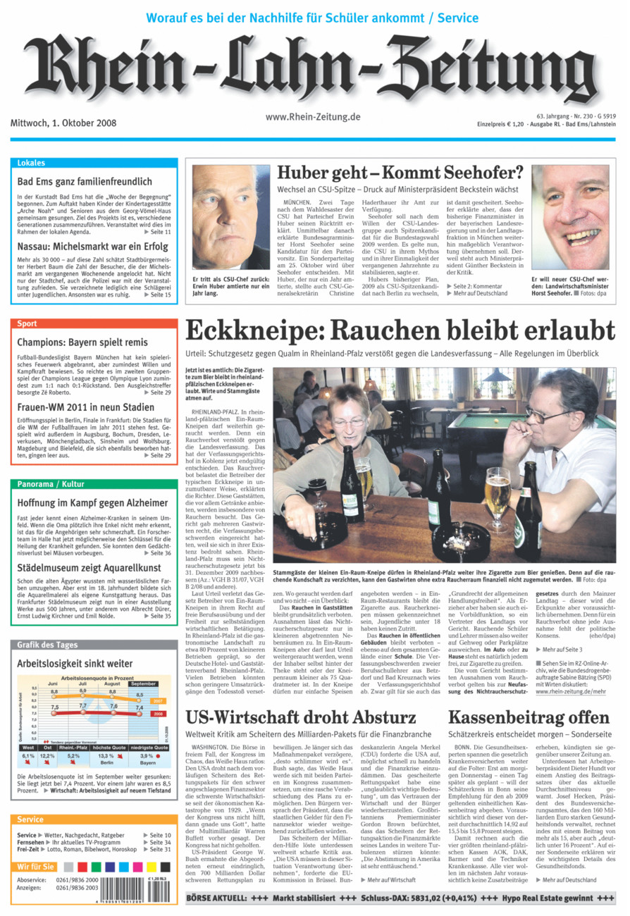 Rhein-Lahn-Zeitung vom Mittwoch, 01.10.2008