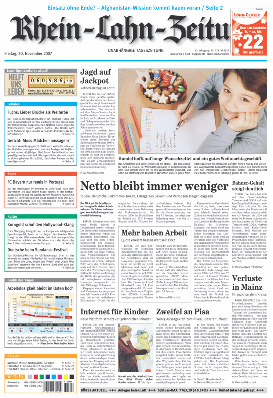 Rhein-Lahn-Zeitung vom Freitag, 30.11.2007