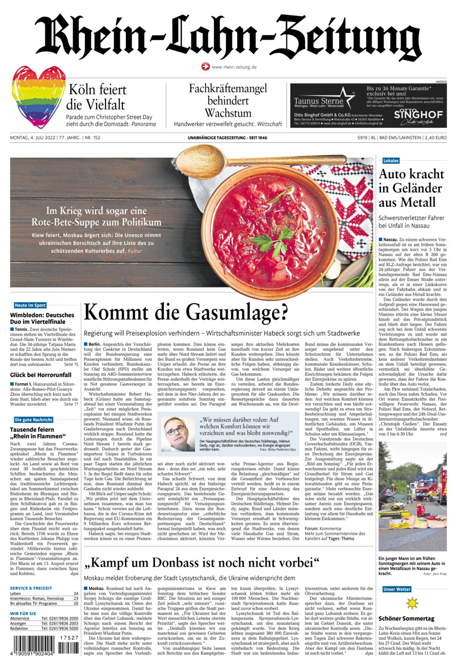 Rhein-Lahn-Zeitung vom Montag, 04.07.2022