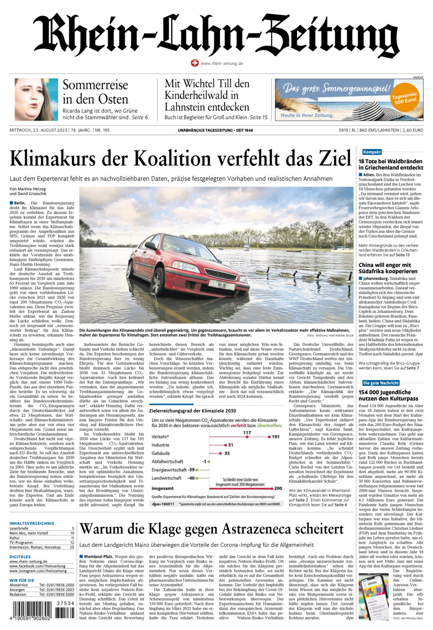 Rhein-Lahn-Zeitung vom Mittwoch, 23.08.2023