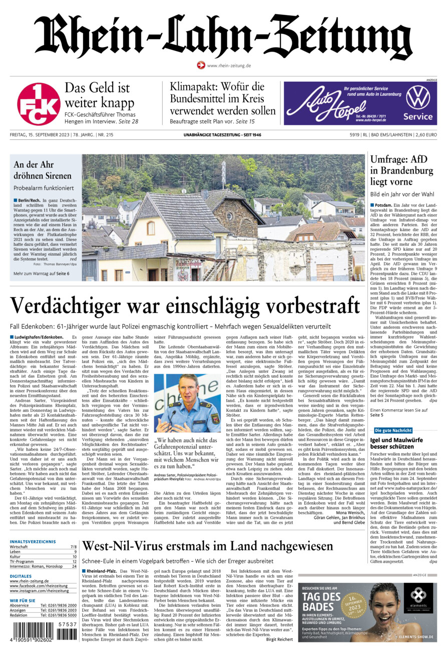 Rhein-Lahn-Zeitung vom Freitag, 15.09.2023
