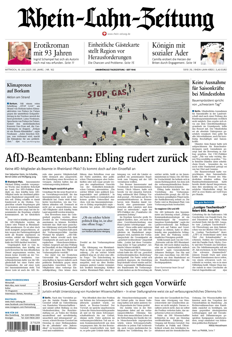 Rhein-Lahn-Zeitung vom Mittwoch, 16.07.2025