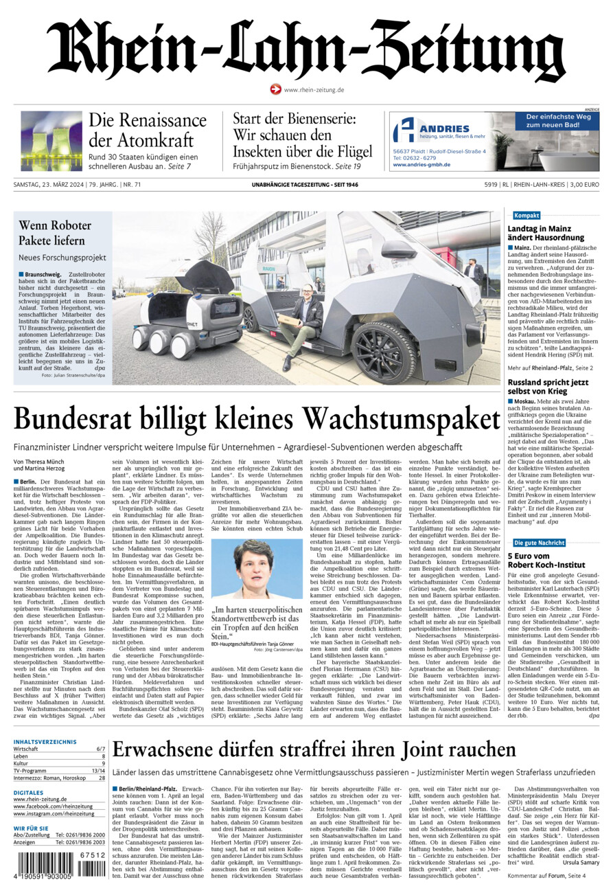 Rhein-Lahn-Zeitung vom Samstag, 23.03.2024