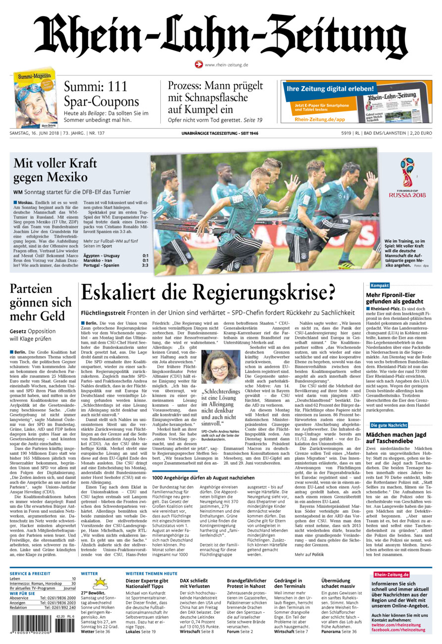 Rhein-Lahn-Zeitung vom Samstag, 16.06.2018