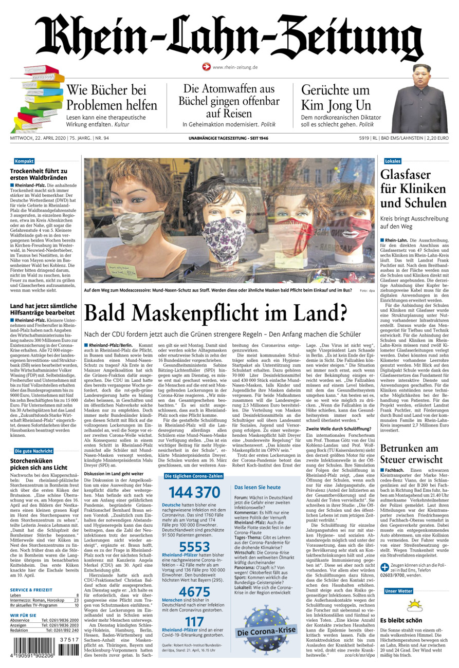 Rhein-Lahn-Zeitung vom Mittwoch, 22.04.2020