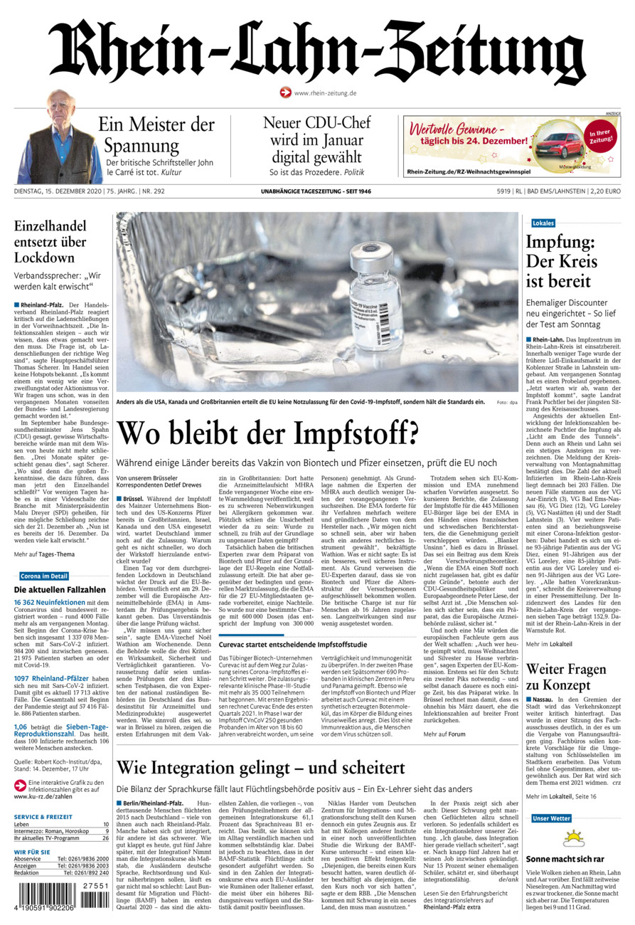 Rhein-Lahn-Zeitung vom Dienstag, 15.12.2020