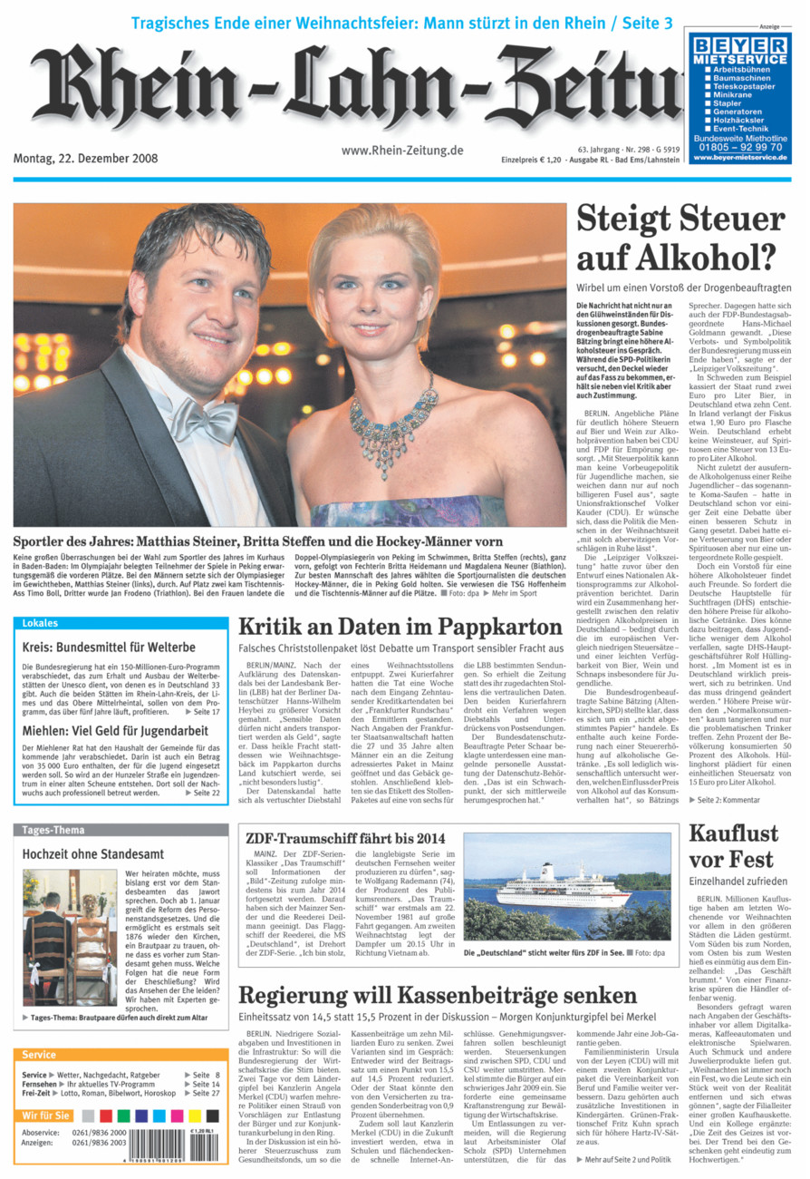 Rhein-Lahn-Zeitung vom Montag, 22.12.2008
