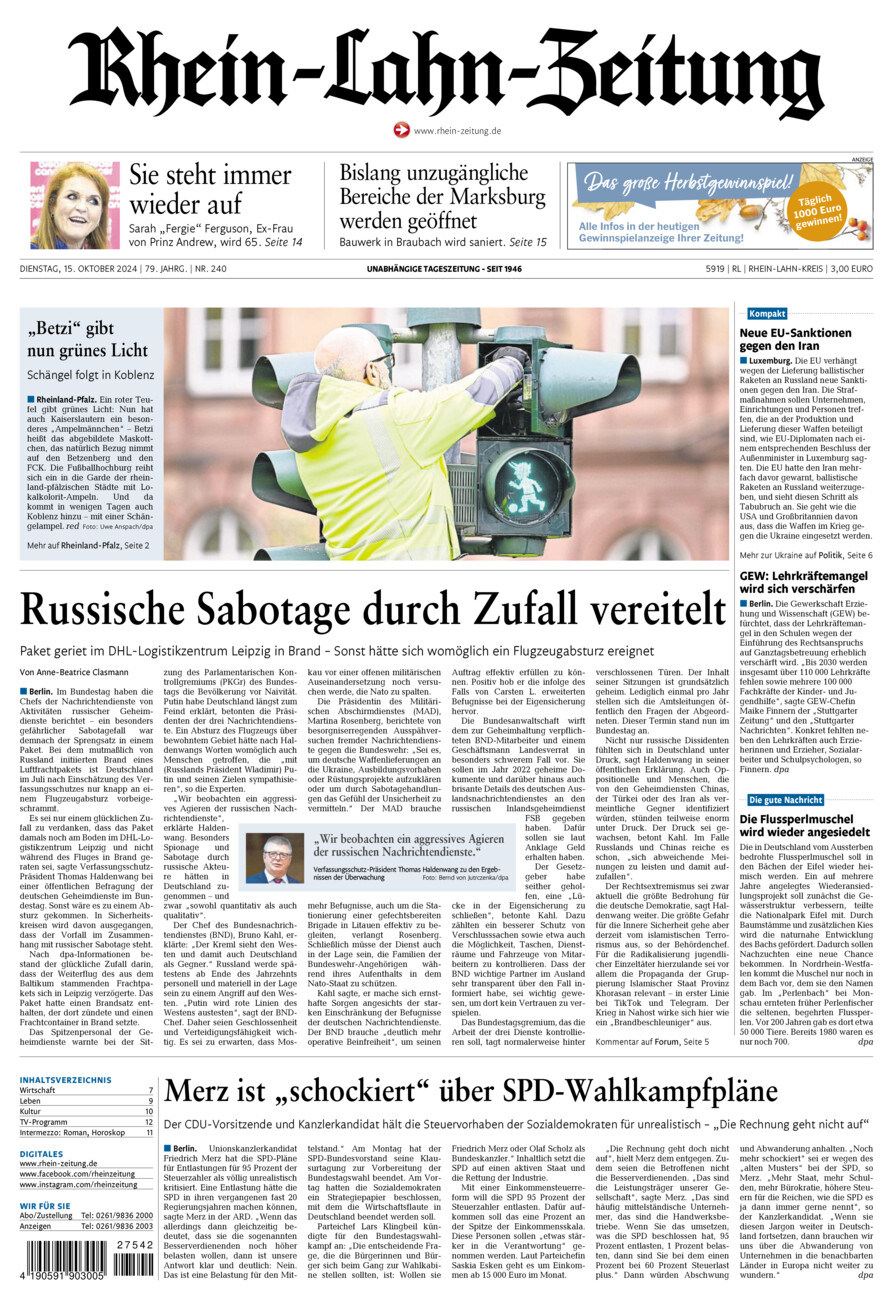 Rhein-Lahn-Zeitung vom Dienstag, 15.10.2024