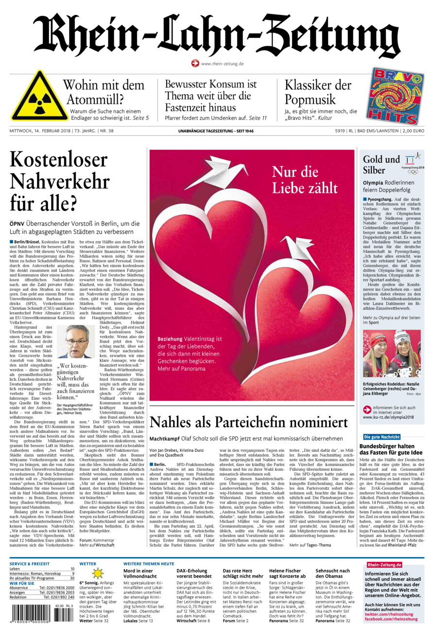 Rhein-Lahn-Zeitung vom Mittwoch, 14.02.2018