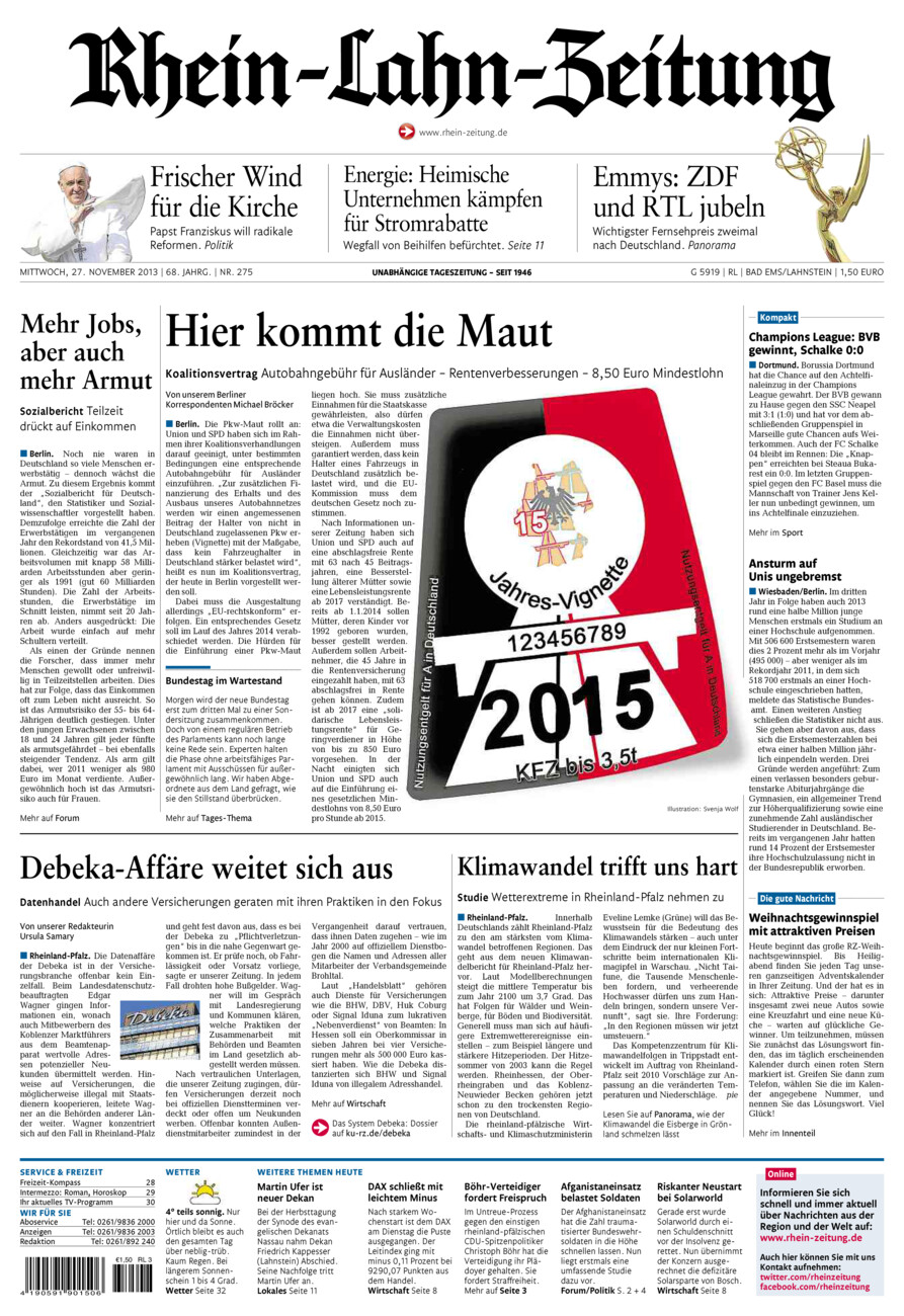 Rhein-Lahn-Zeitung vom Mittwoch, 27.11.2013