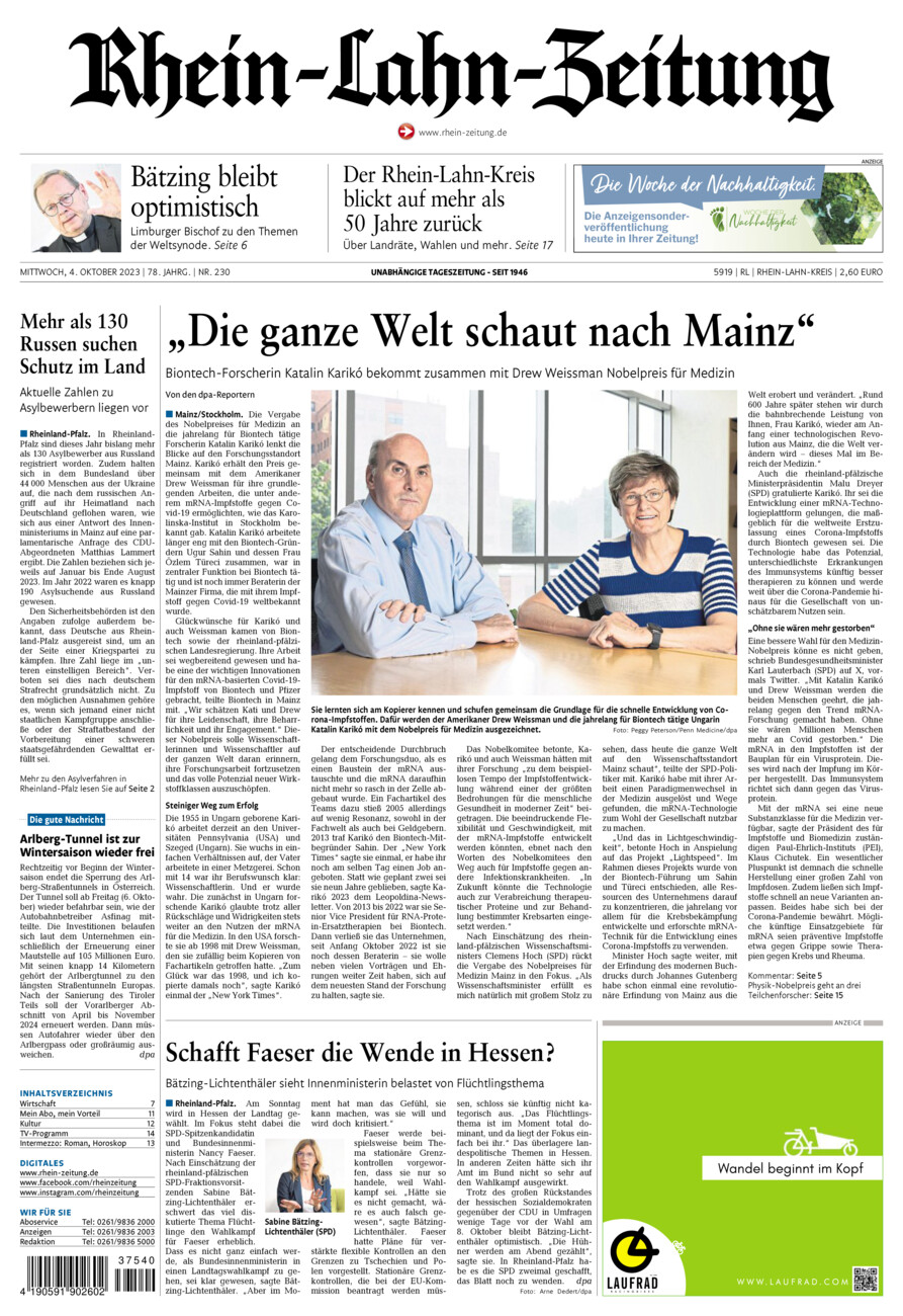 Rhein-Lahn-Zeitung vom Mittwoch, 04.10.2023