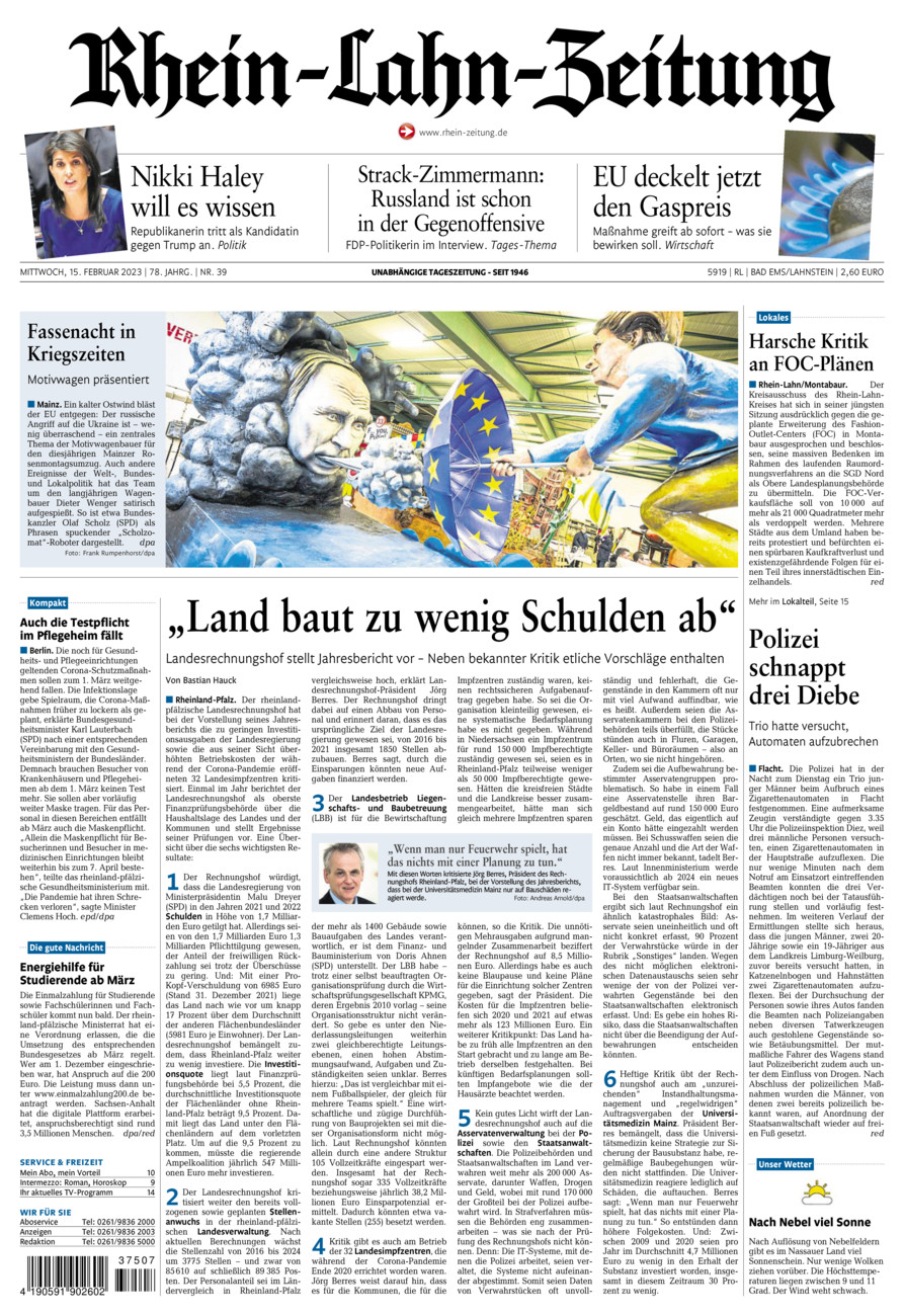 Rhein-Lahn-Zeitung vom Mittwoch, 15.02.2023