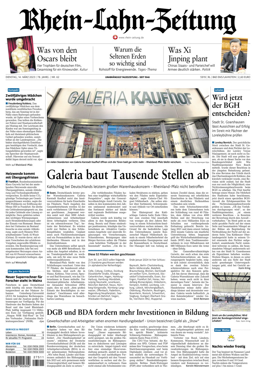Rhein-Lahn-Zeitung vom Dienstag, 14.03.2023