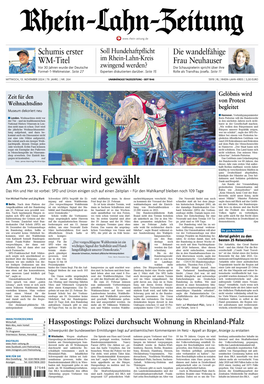 Rhein-Lahn-Zeitung vom Mittwoch, 13.11.2024