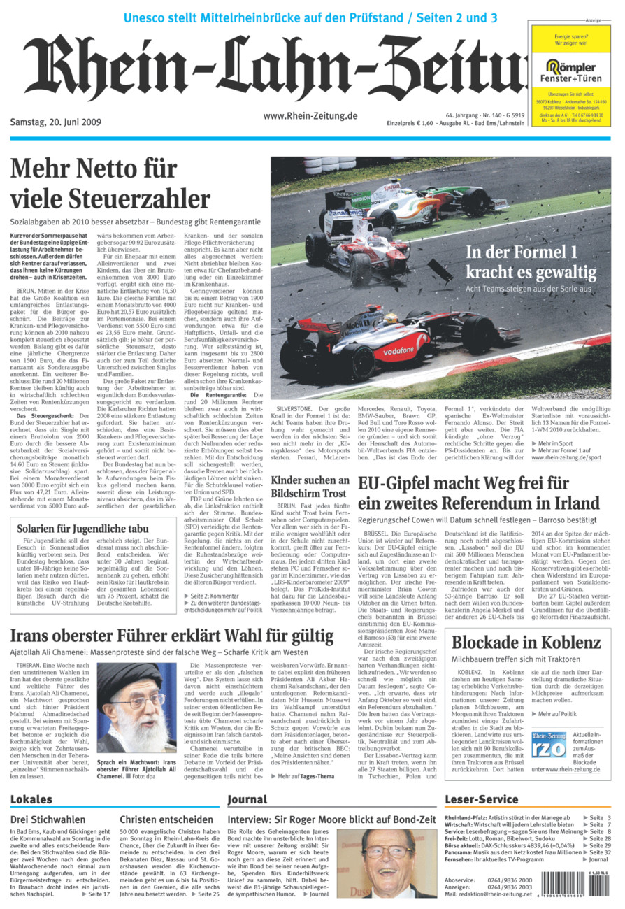Rhein-Lahn-Zeitung vom Samstag, 20.06.2009