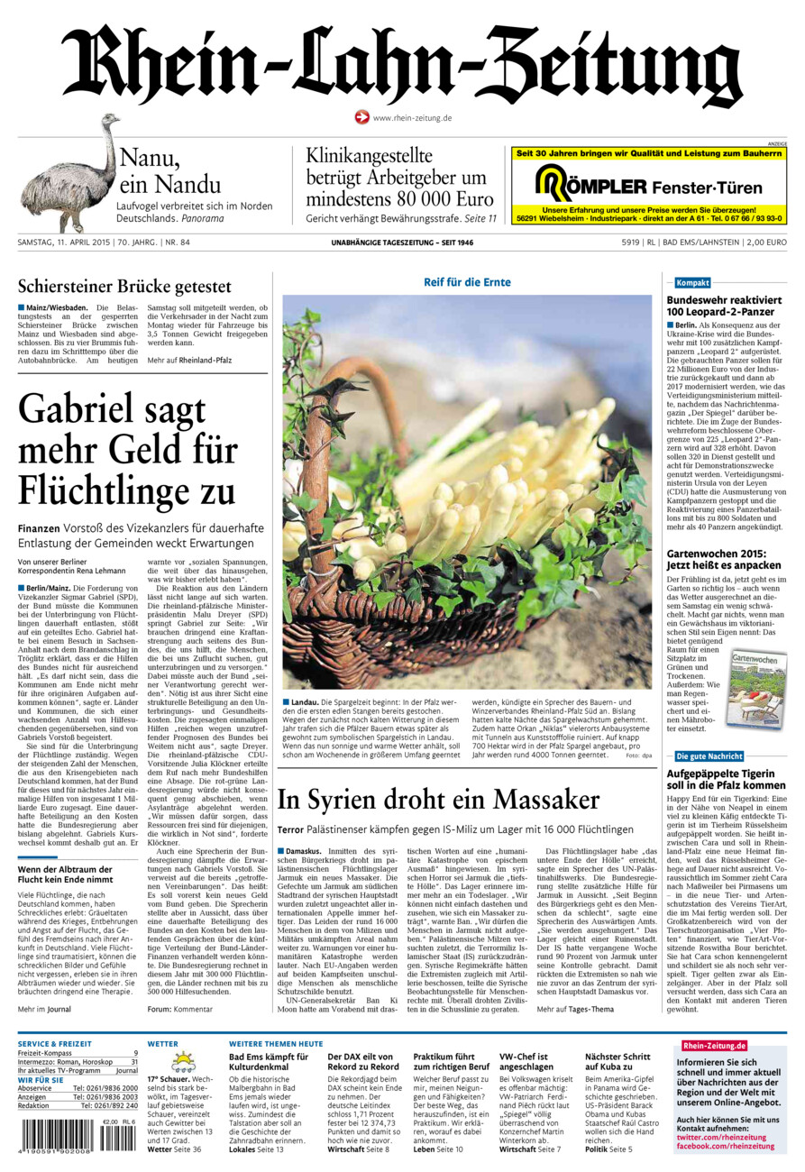 Rhein-Lahn-Zeitung vom Samstag, 11.04.2015
