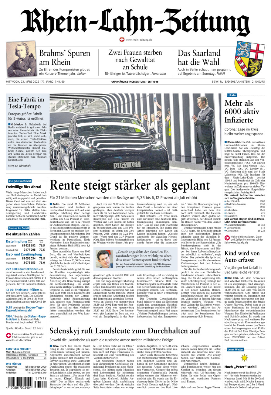 Rhein-Lahn-Zeitung vom Mittwoch, 23.03.2022