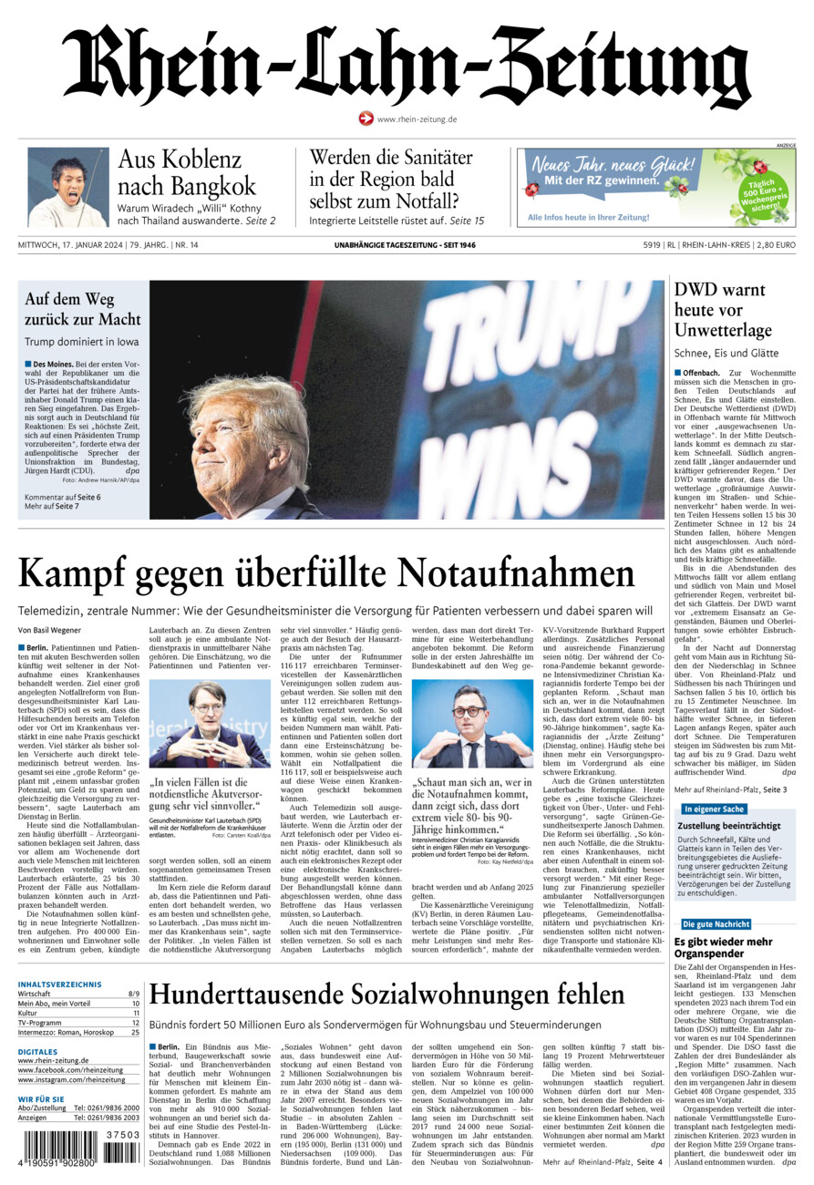 Rhein-Lahn-Zeitung vom Mittwoch, 17.01.2024