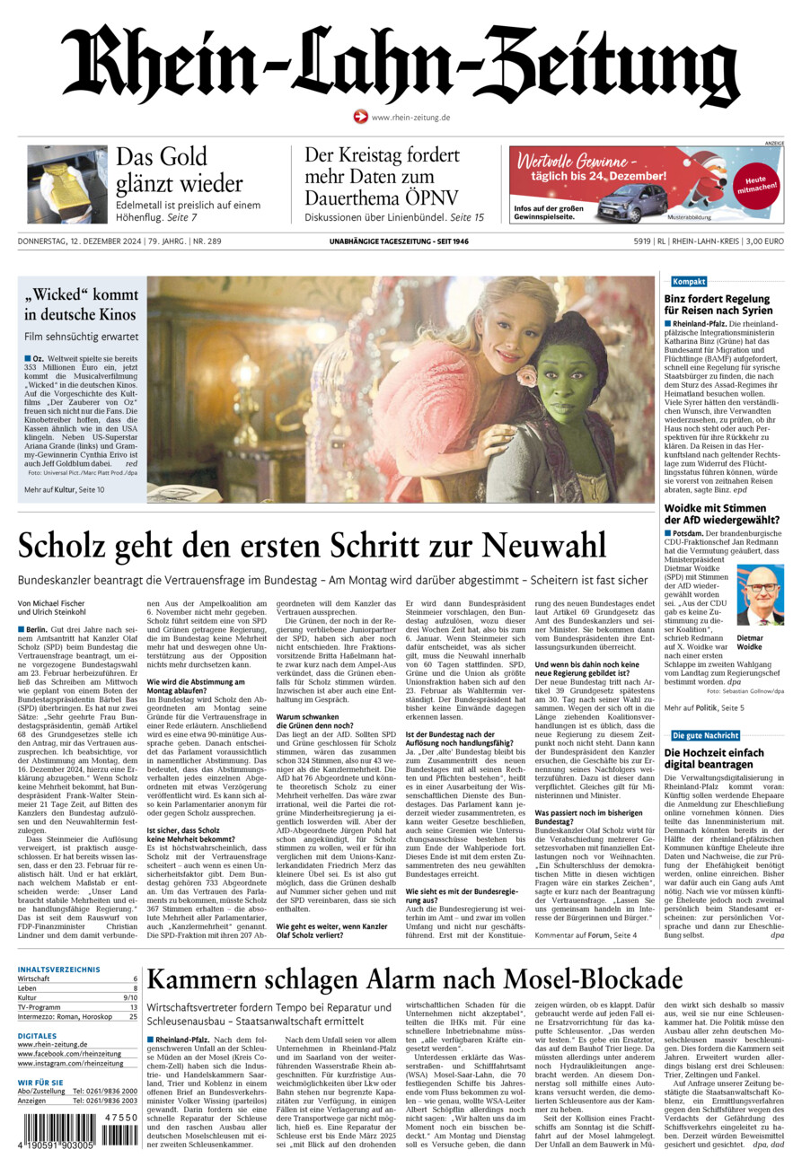 Rhein-Lahn-Zeitung vom Donnerstag, 12.12.2024