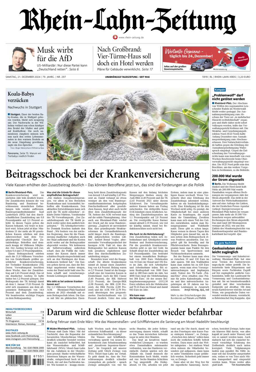 Rhein-Lahn-Zeitung vom Samstag, 21.12.2024