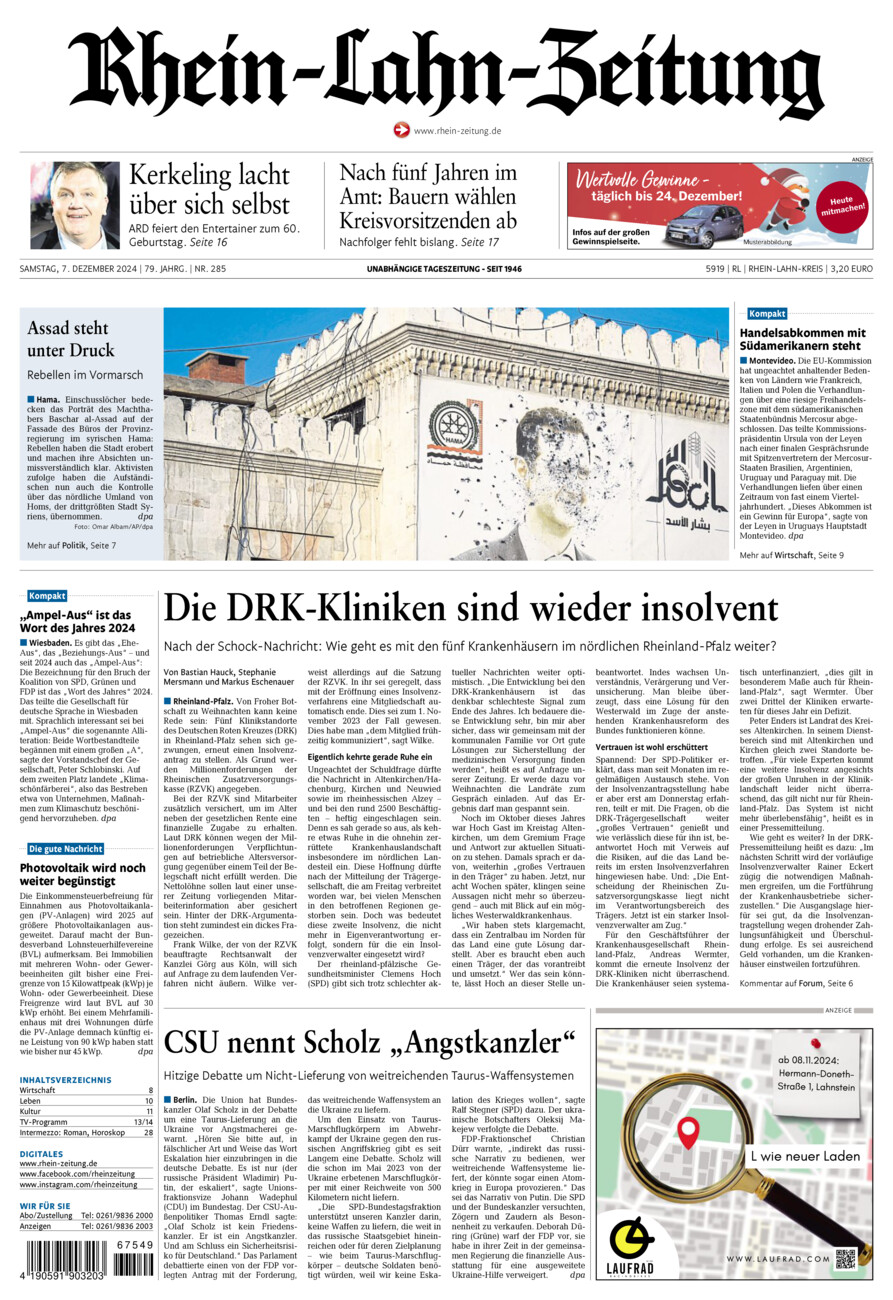 Rhein-Lahn-Zeitung vom Samstag, 07.12.2024