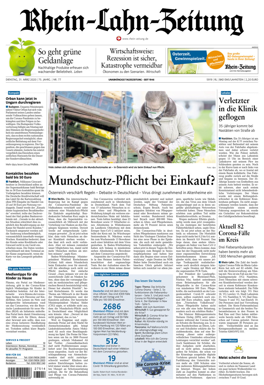 Rhein-Lahn-Zeitung vom Dienstag, 31.03.2020