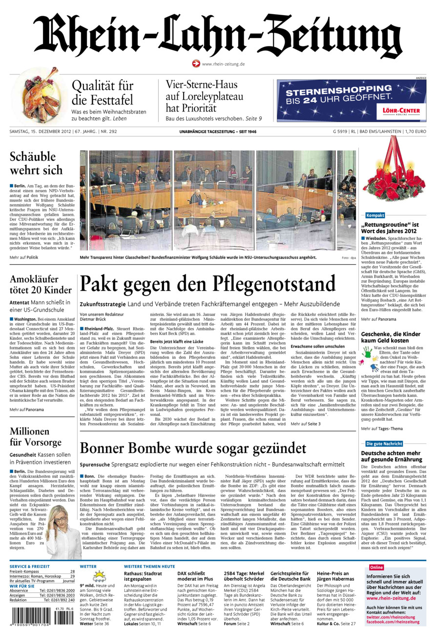 Rhein-Lahn-Zeitung vom Samstag, 15.12.2012