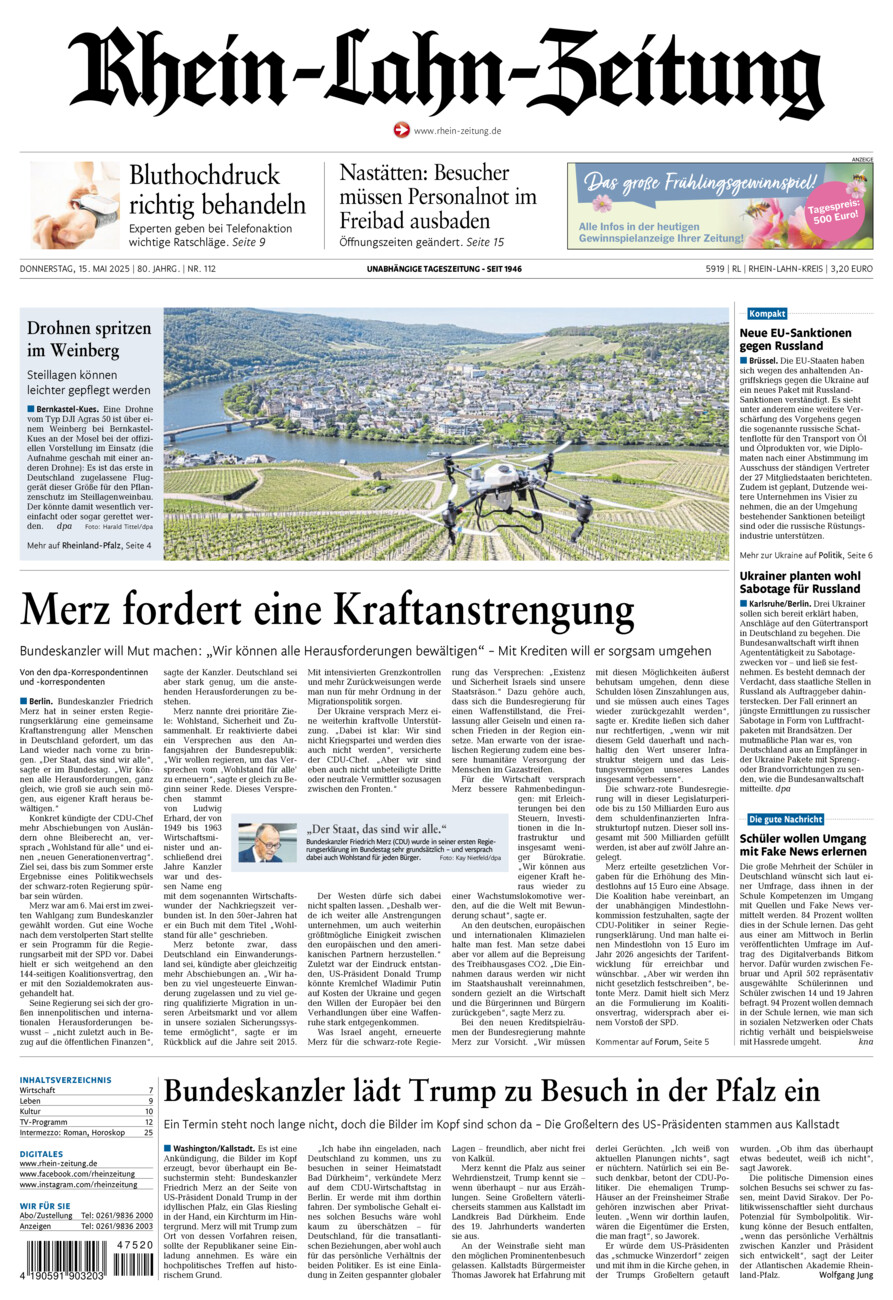 Rhein-Lahn-Zeitung vom Donnerstag, 15.05.2025