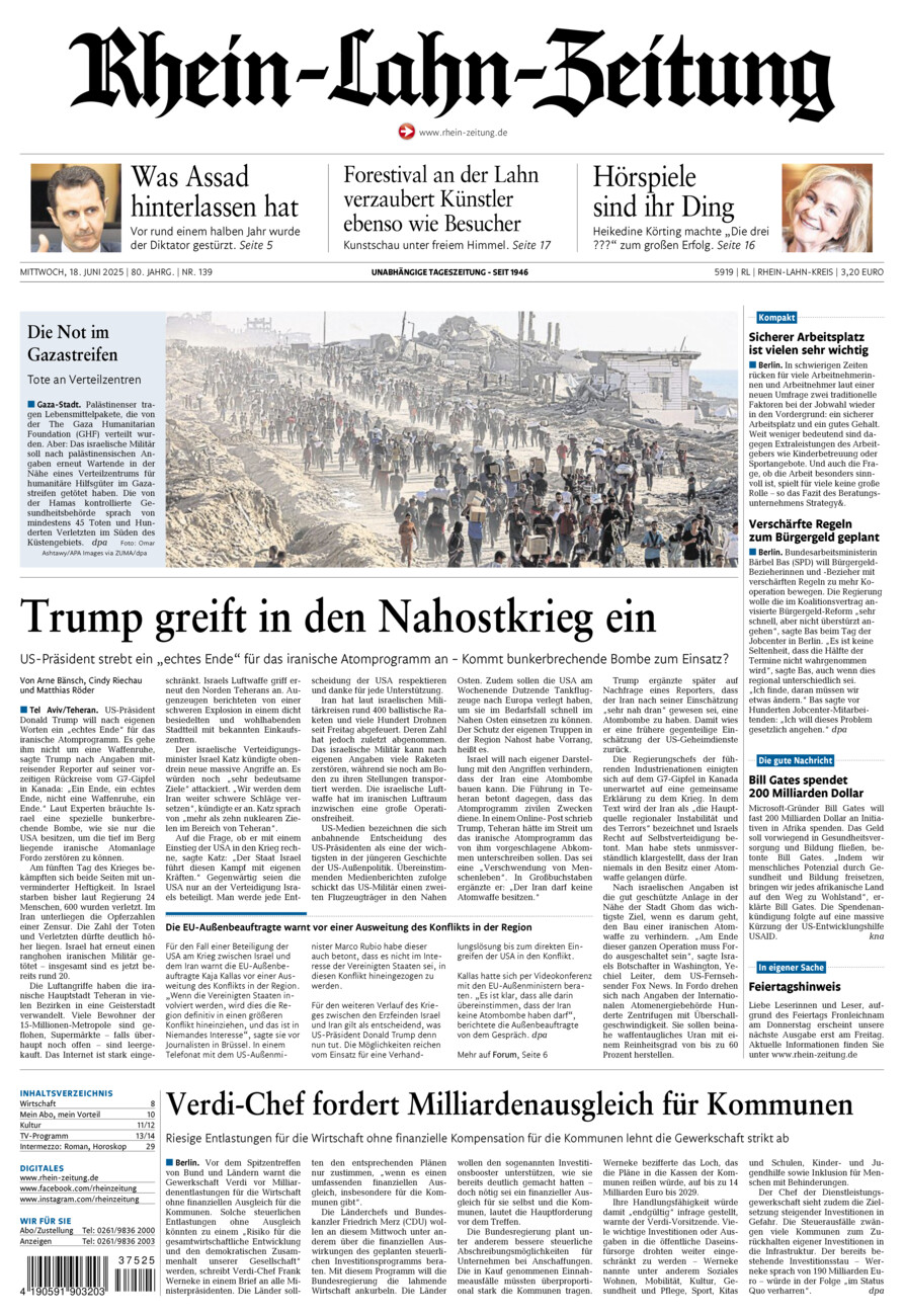 Rhein-Lahn-Zeitung vom Mittwoch, 18.06.2025