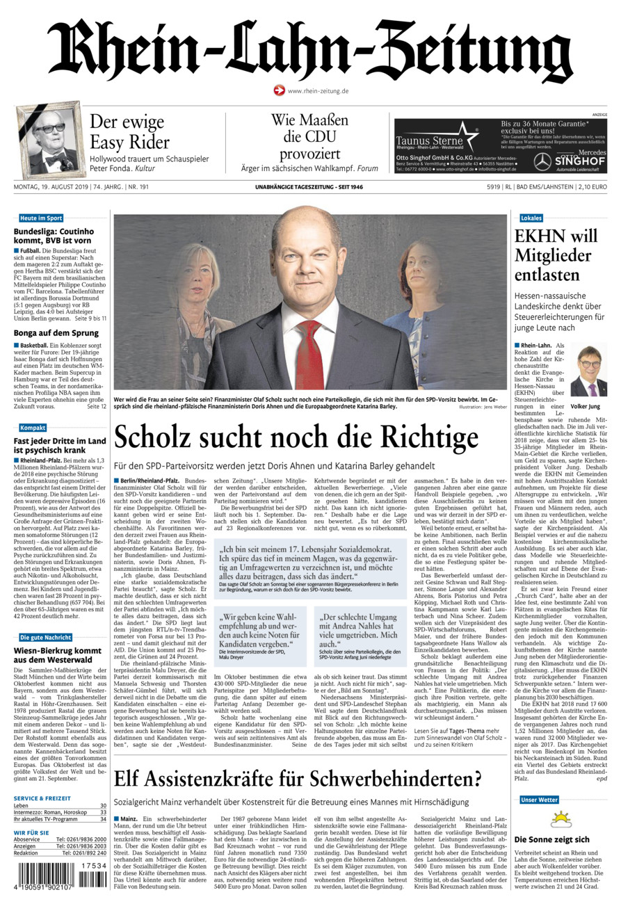 Rhein-Lahn-Zeitung vom Montag, 19.08.2019