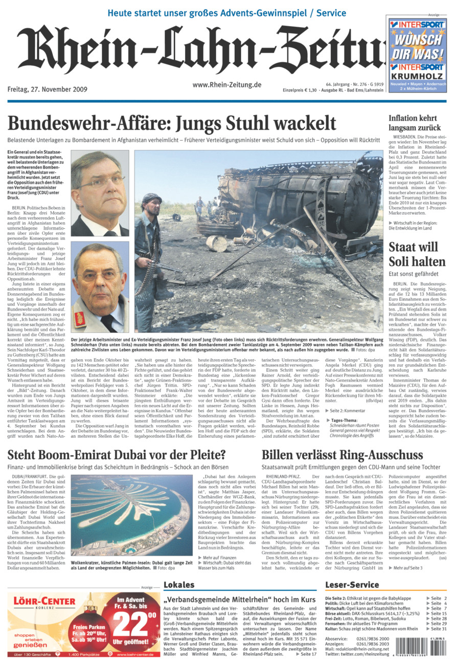 Rhein-Lahn-Zeitung vom Freitag, 27.11.2009