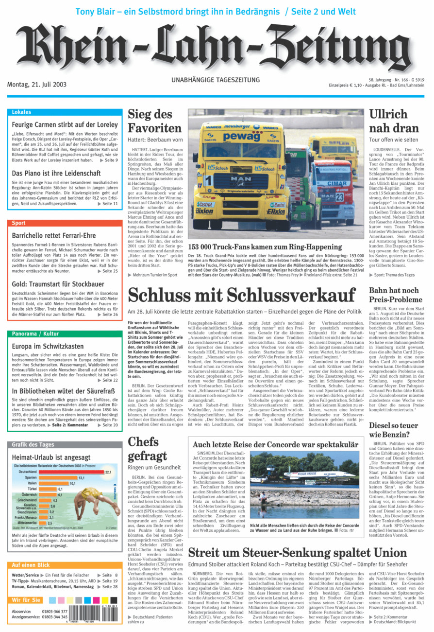 Rhein-Lahn-Zeitung vom Montag, 21.07.2003