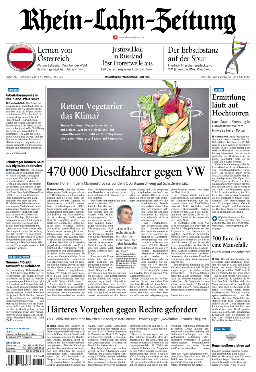 Rhein-Lahn-Zeitung vom Dienstag, 01.10.2019