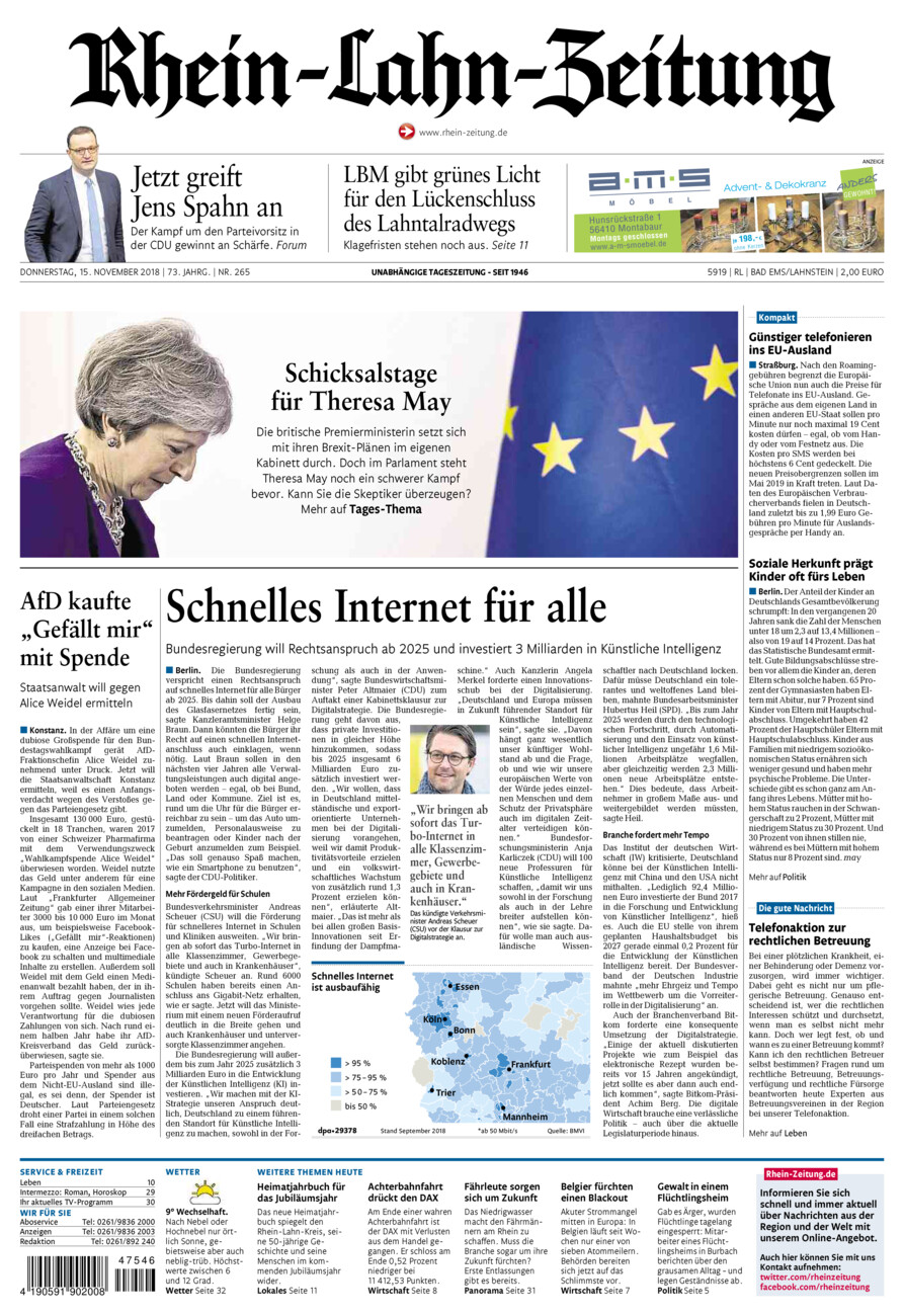 Rhein-Lahn-Zeitung vom Donnerstag, 15.11.2018