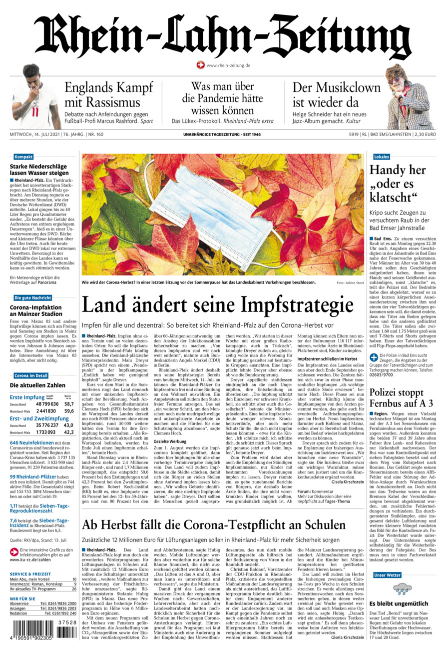 Rhein-Lahn-Zeitung vom Mittwoch, 14.07.2021