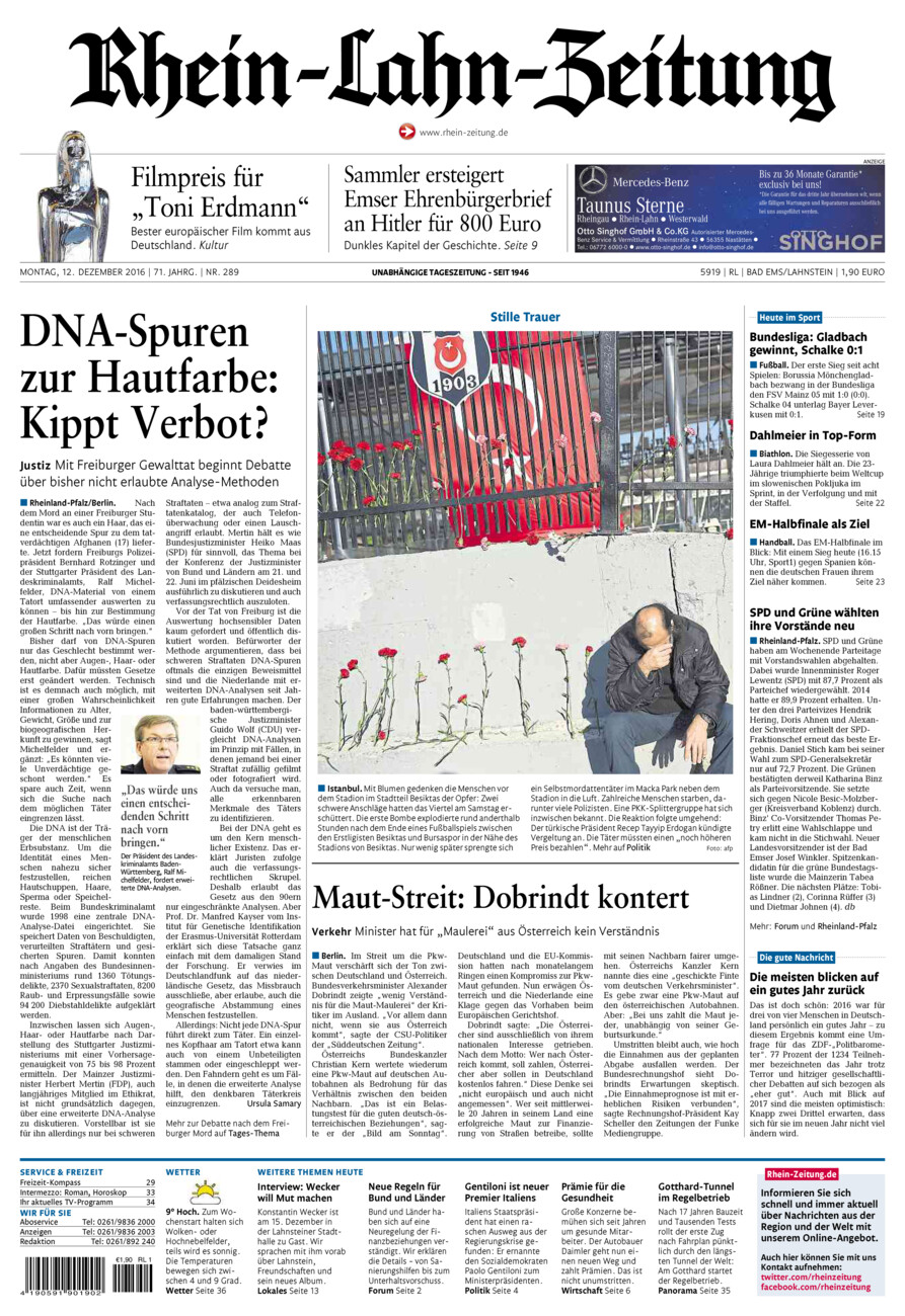 Rhein-Lahn-Zeitung vom Montag, 12.12.2016