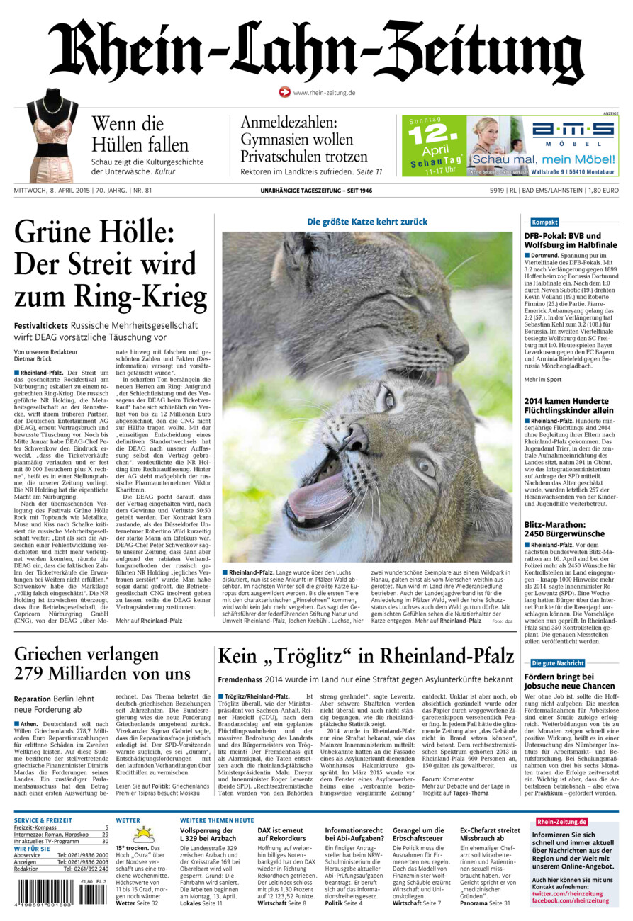 Rhein-Lahn-Zeitung vom Mittwoch, 08.04.2015