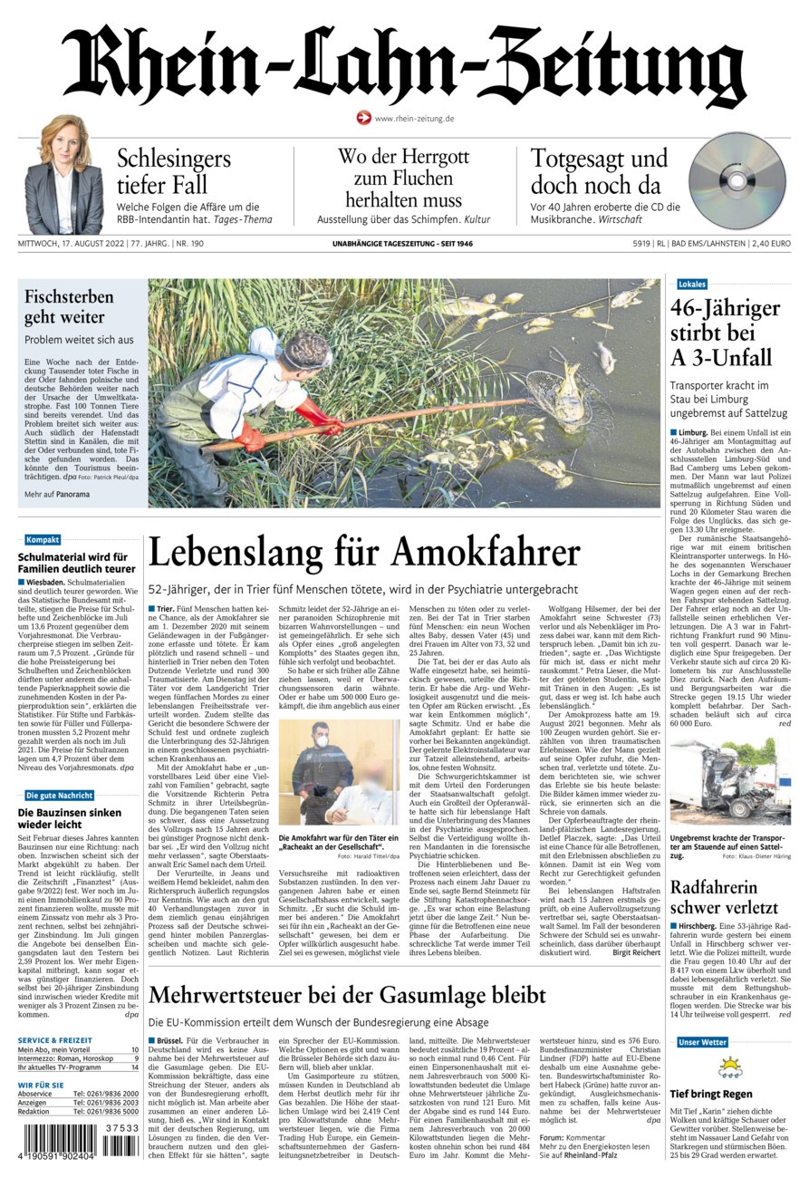 Rhein-Lahn-Zeitung vom Mittwoch, 17.08.2022