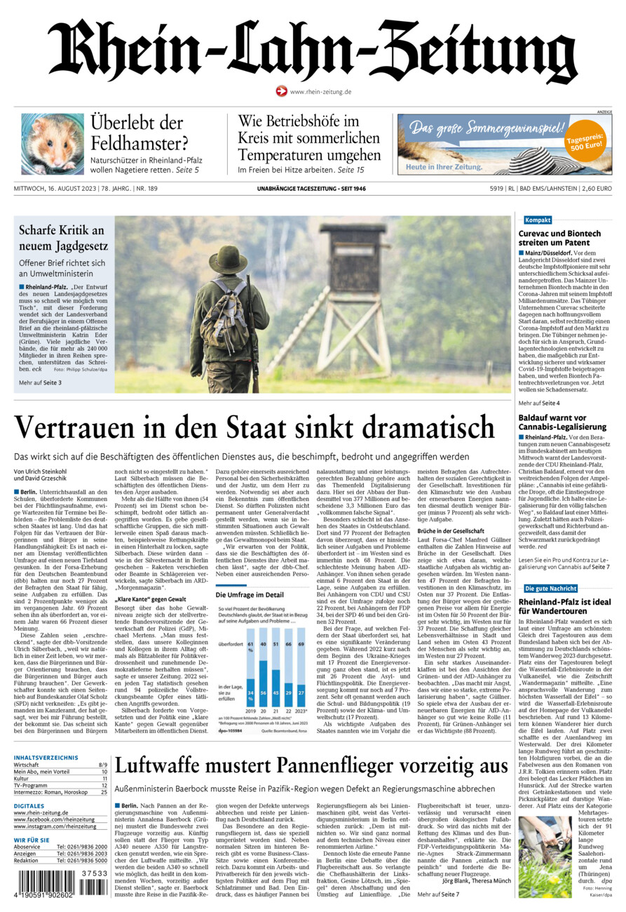 Rhein-Lahn-Zeitung vom Mittwoch, 16.08.2023