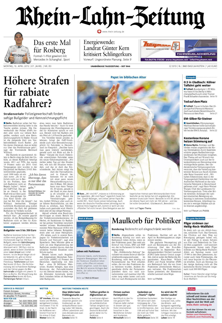 Rhein-Lahn-Zeitung vom Montag, 16.04.2012