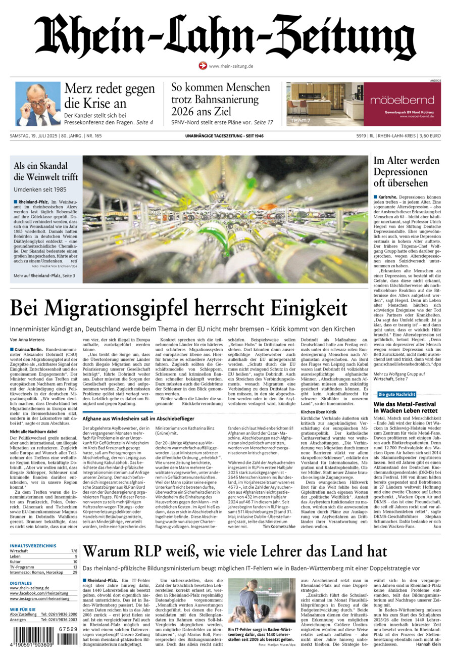 Rhein-Lahn-Zeitung vom Samstag, 19.07.2025