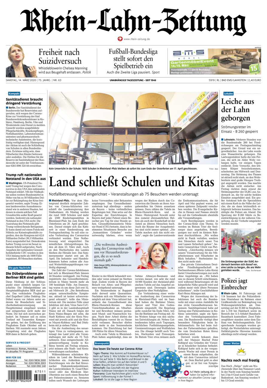 Rhein-Lahn-Zeitung vom Samstag, 14.03.2020