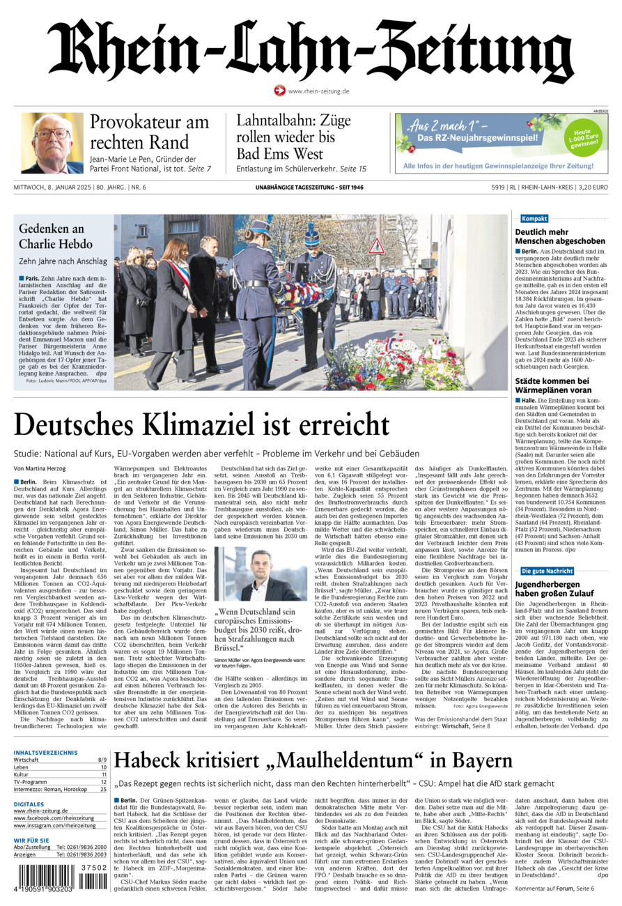 Rhein-Lahn-Zeitung vom Mittwoch, 08.01.2025