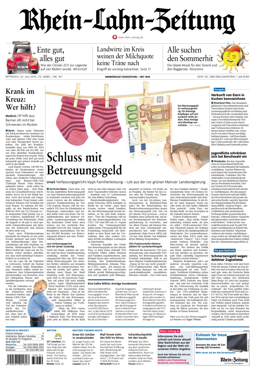 Rhein-Lahn-Zeitung vom Mittwoch, 22.07.2015
