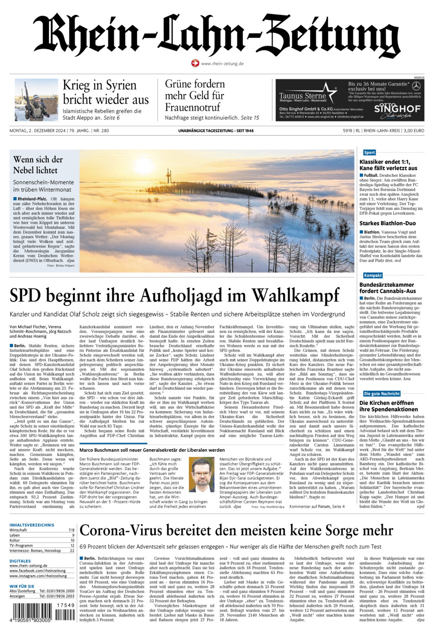 Rhein-Lahn-Zeitung vom Montag, 02.12.2024