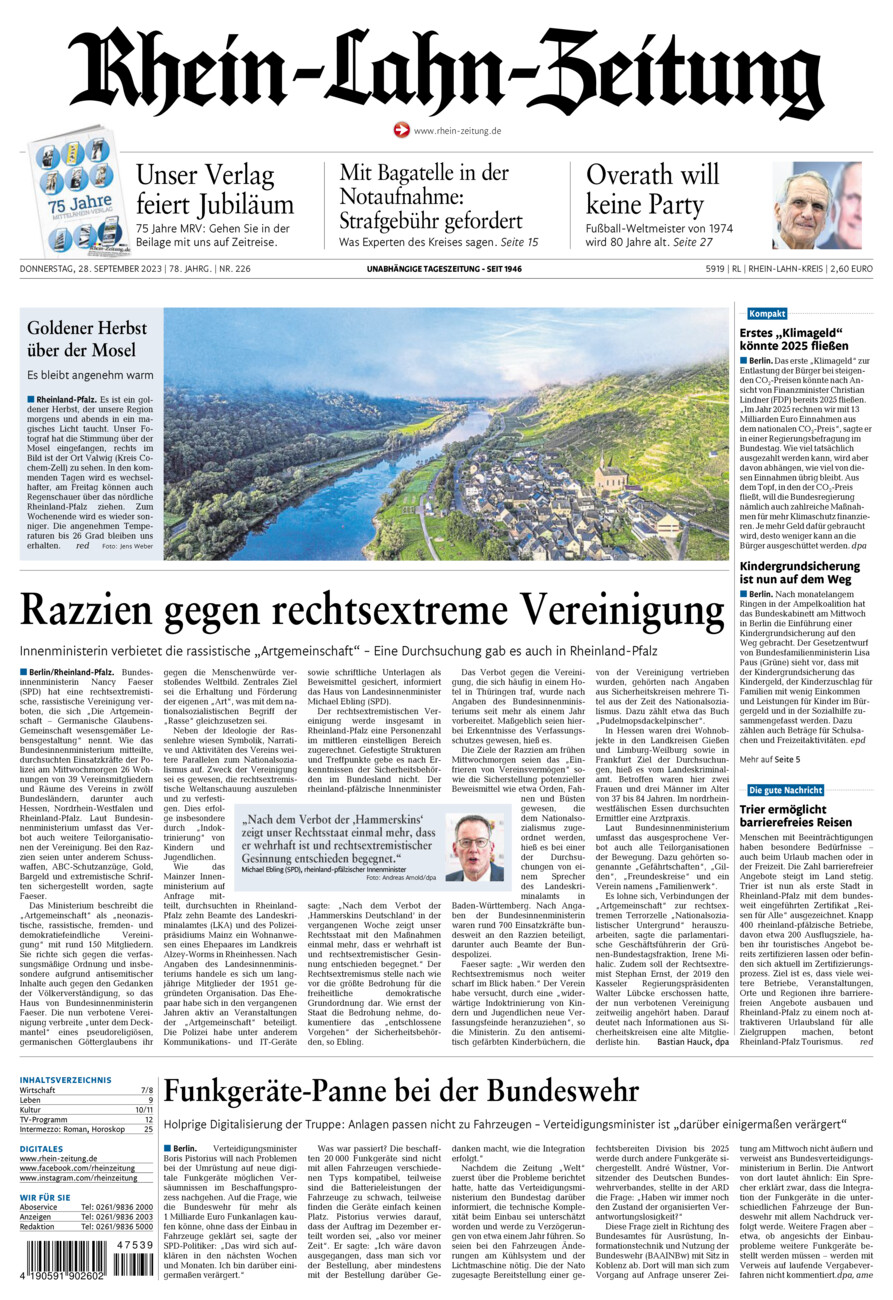 Rhein-Lahn-Zeitung vom Donnerstag, 28.09.2023